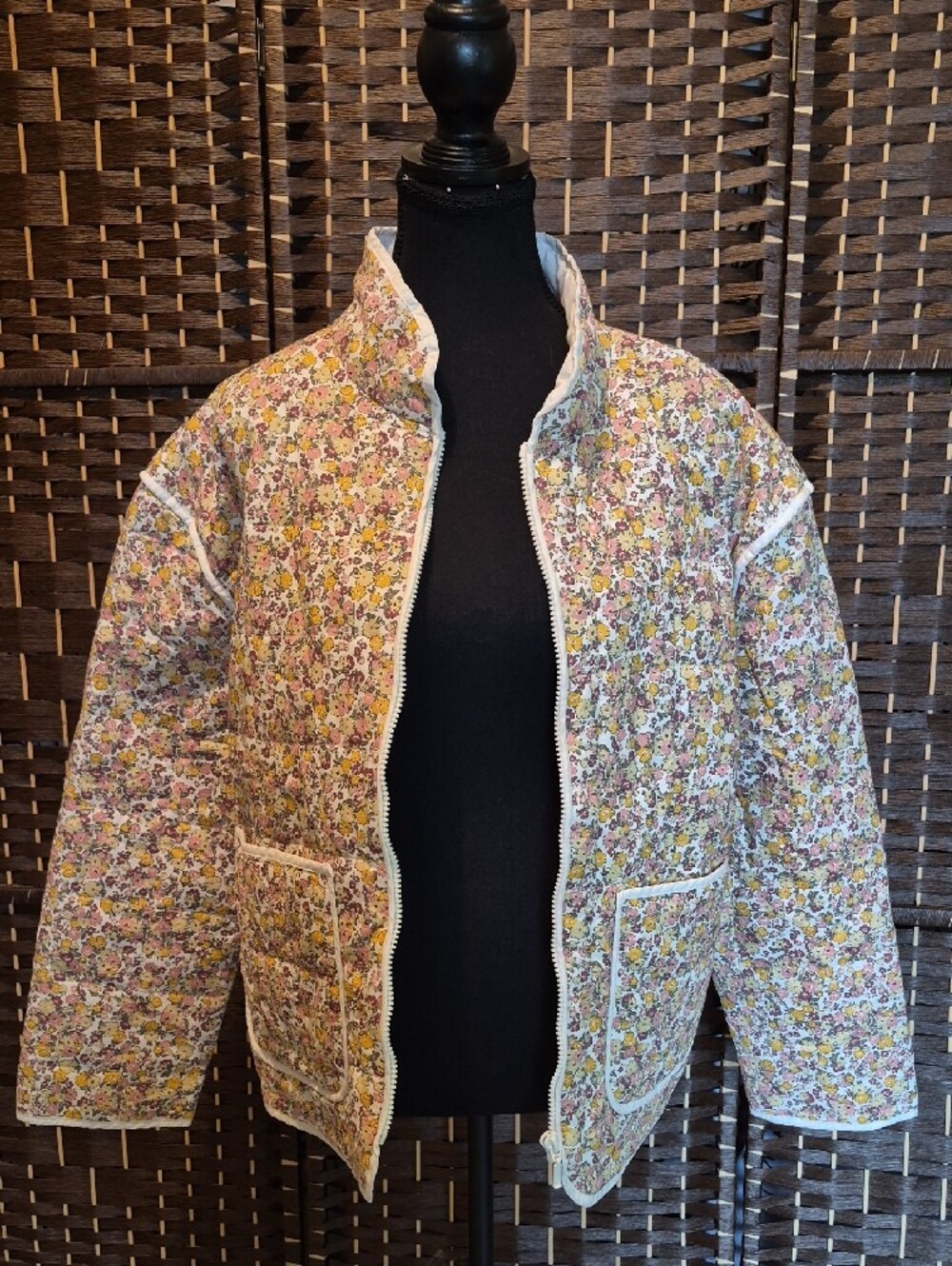Quilted Floral Puffer Jacket in Cream and Mustard - Picture 7 of 8
